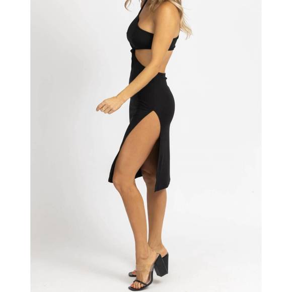 NEW CRESCENT front knot asymmetric midi dress in black - Picture 4 of 5